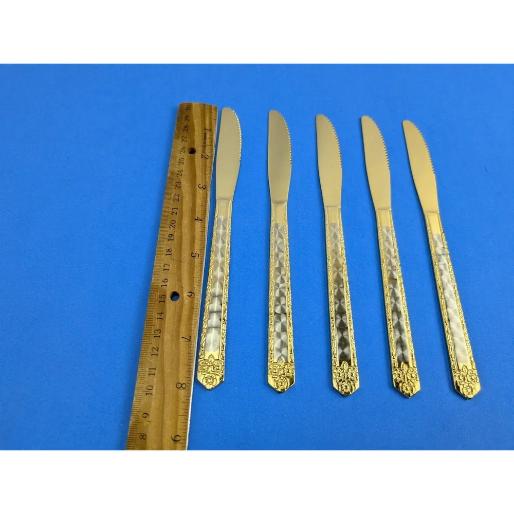 Vintage Stainless Steel Japan Silver Gold Tone Floral Butter Knife Set of 5